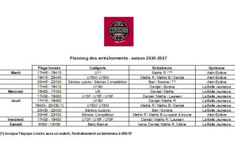 Saison 2026 - 2027 - Planning des entrainements