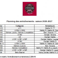 Saison 2026 - 2027 - Planning des entrainements